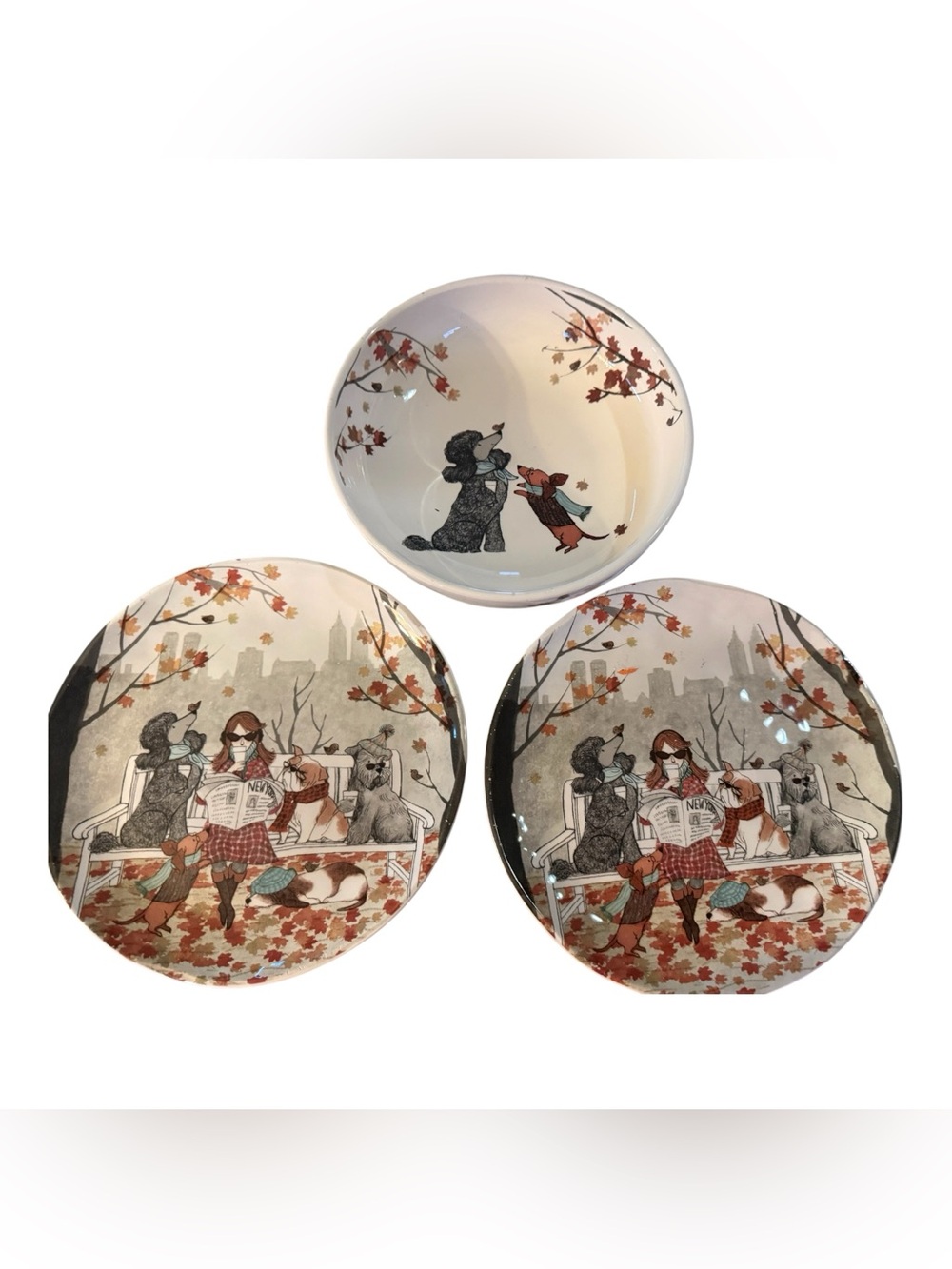 Pier 1 Imports Ironstone Fall Dog Walker NYC Oval Plates Bowl Set 3 Pc